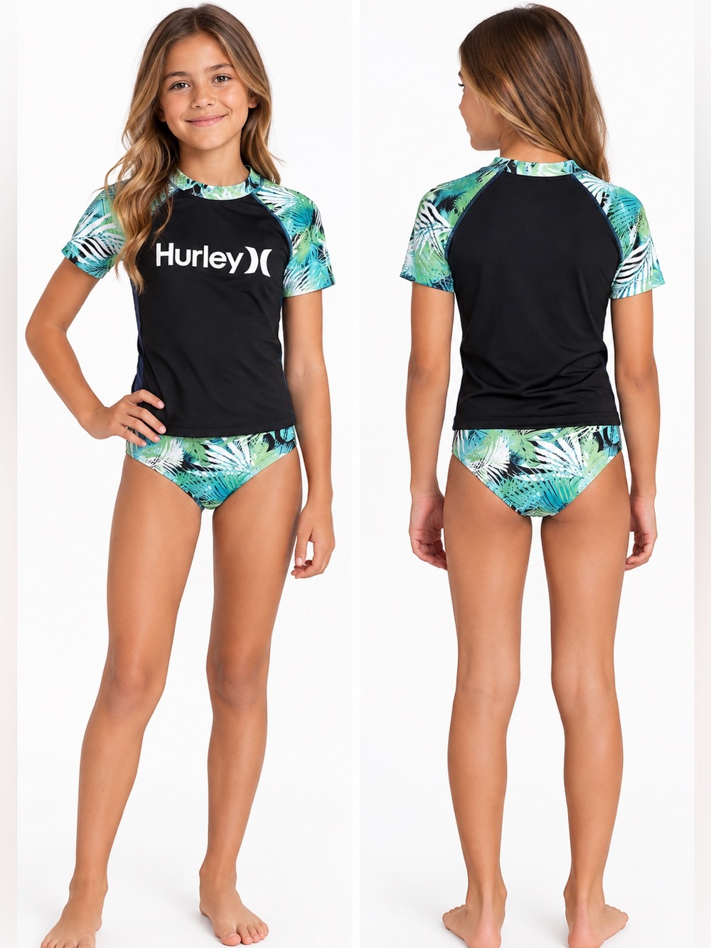 Hurley Girls Rashguard Tankini Tropical Swimsuit Set Sun Protection Cover Up NEW